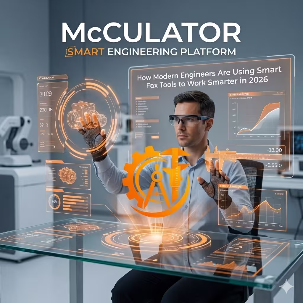 Modern engineer in an advanced lab using a McCulator smart engineering platform. He interacts with a multi-screen holographic interface showing a 3D model, 'STRESS ANALYSIS' graphs, 'SO CURVILUTION' data, and an orange gear and caliper logo, illustrating the future of engineering in 2026.
